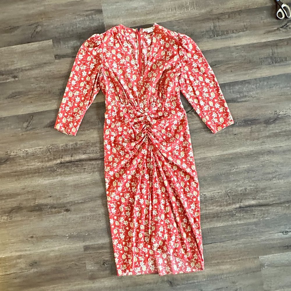 Veronica Beard Red Floral V-Neck Dress
